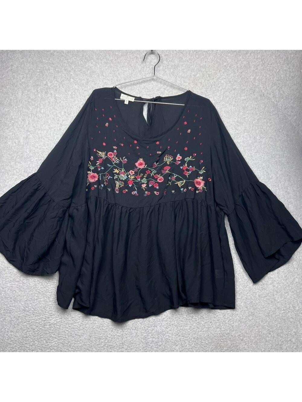 Grand & Greene Floral Embroidered Blouse Boho Tunic Artsy Lagenlook Plus 1X